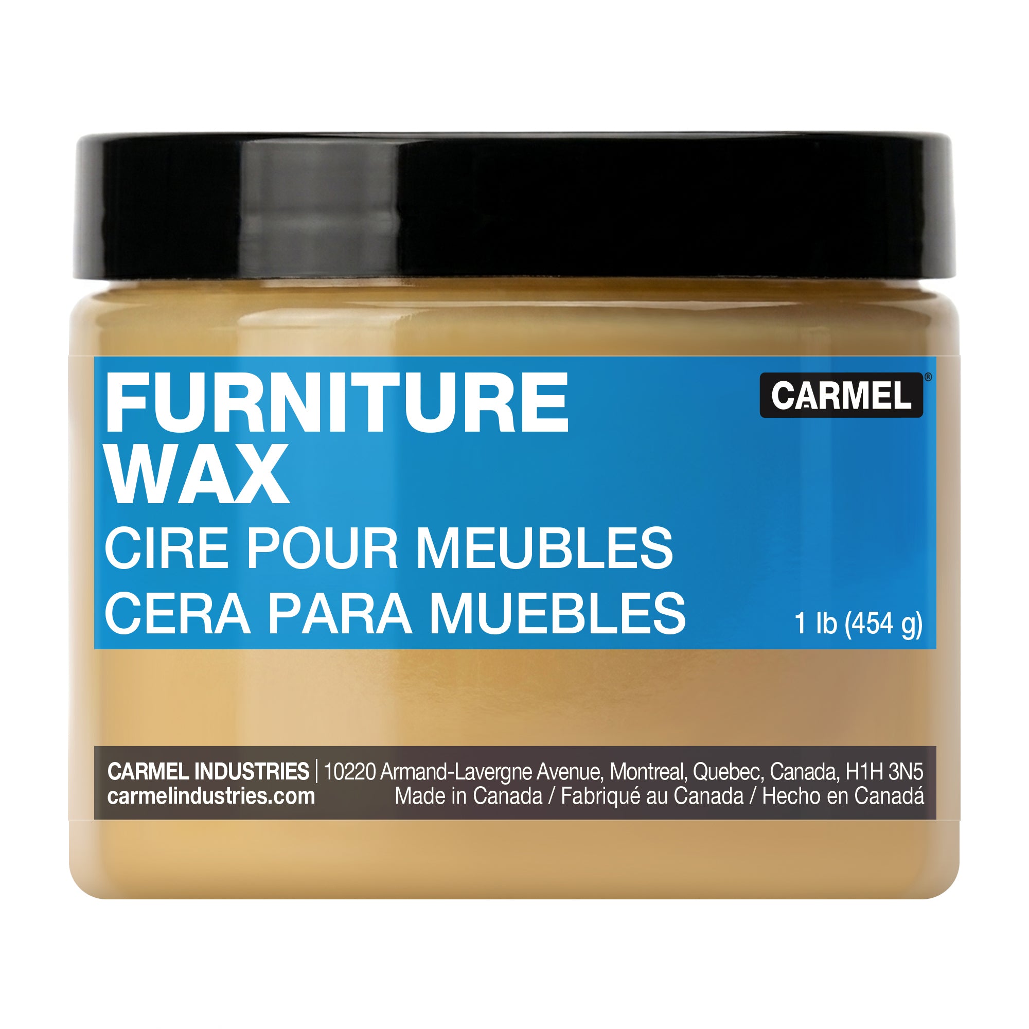 Jar of Carmel Furniture Wax with blue label on a white background